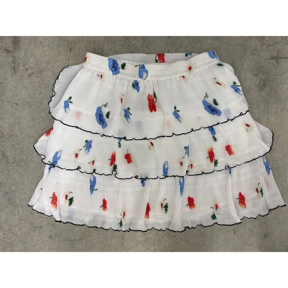 Ganni Floral Print Tiered Mini Skirt White Red Blue Size 36‎